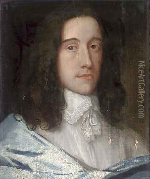 Portrait of a gentleman, bust-length, in a white shirt and blue wrap Oil Painting - Sir Anthony Van Dyck