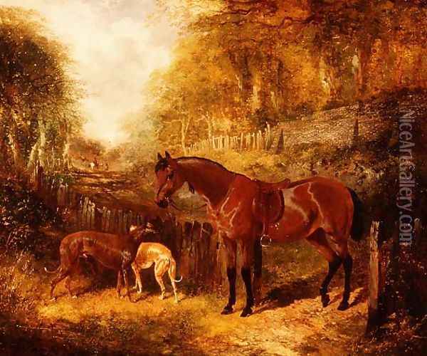 A saddled bay pony and greyhounds in a wooded river landscape Oil Painting - John Frederick Herring Snr