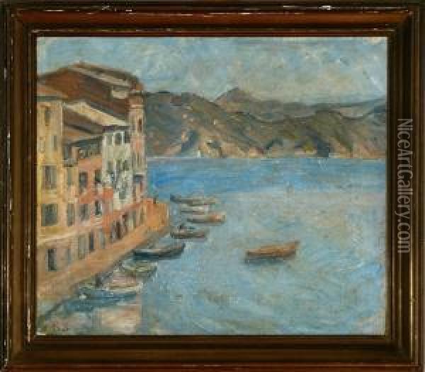 Houses At Portofino Harbour Oil Painting - Carl Schou