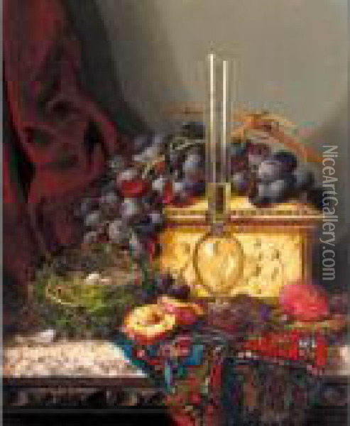 Still Life With Fruit, Birds Nest, Glass Vase And Casket Oil Painting - Edward Ladell
