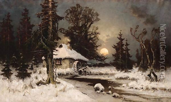 The Mill In Winter Oil Painting - Iulii Iul'evich (Julius) Klever