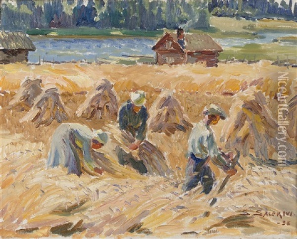 Workers In The Field Oil Painting - Santeri Salokivi