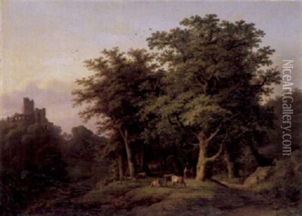 Waldlandschaft Mit Kuhen Und Schafen Oil Painting - Caesar Bimmermann