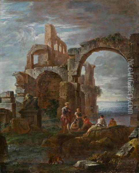 Fischer Auf Kustenfelsen Rastend, Dahinter Ruinen Oil Painting - Giovanni Ghisolfi