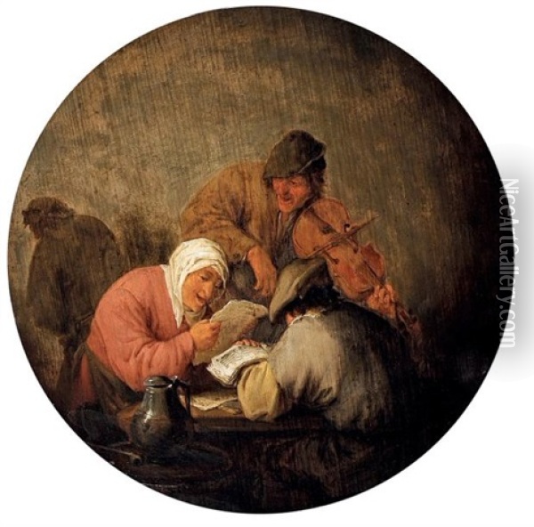 Joueur De Violon Et Couple Lisant Dans Une Taverne Oil Painting - Adriaen Jansz van Ostade