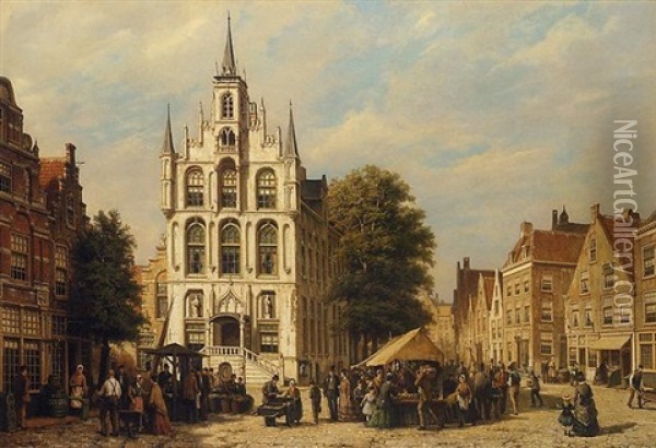 Figures In A Dutch Market Square Oil Painting - Willem Koekkoek