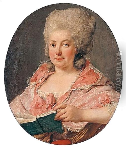 Portrait Of A Lady, Wearing A Lace-Trimmed Pink Dress And Holding A Book Oil Painting - Antoine Vestier