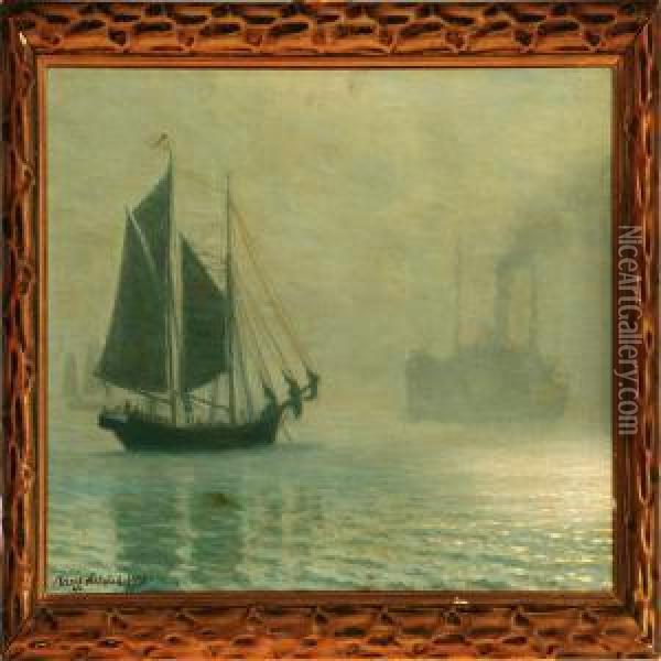 Marine With Steamship Passing A Schooner In Heavy Fog Oil Painting - Viggo Helsted