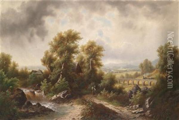Landscape With Railroad Bridge Oil Painting - Josef, Jacob Burgaritzky