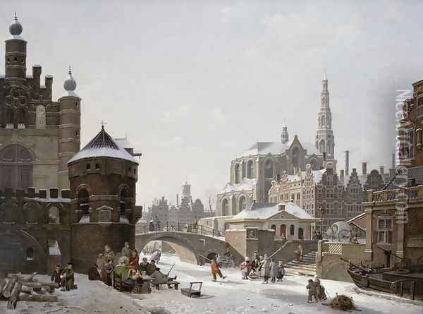 A Capriccio View of a Town with Figures on a Frozen Canal Oil Painting - Jan Hendrik Verheyen