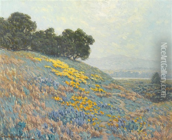 Landscape With Poppies, Lupine And Distant Lake Oil Painting - Granville S. Redmond
