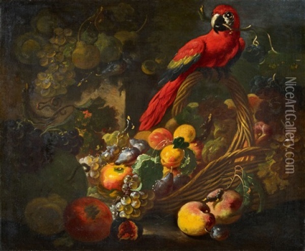 Fruit Still Life With A Parrot Oil Painting - Giovanni Paolo Castelli (lo Spadino)
