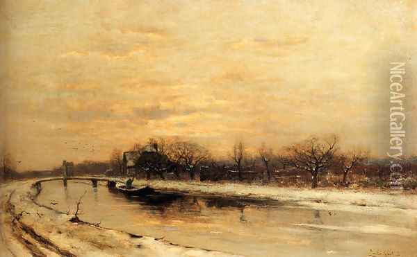 Winter: An Orchard Alongside A Canal With A Farmhouse In The Distance At Dusk Oil Painting - Louis Apol