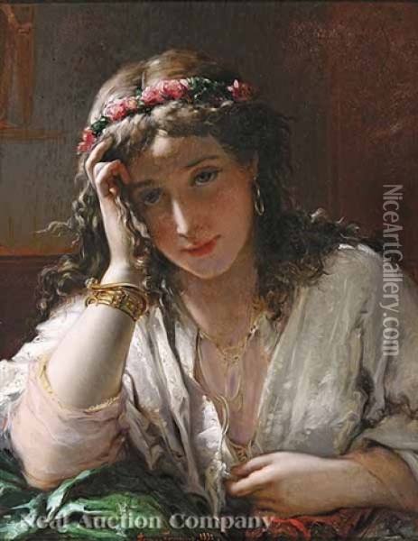 A Young Dark-haired Beauty Oil Painting - Pierre Olivier Joseph Coomans