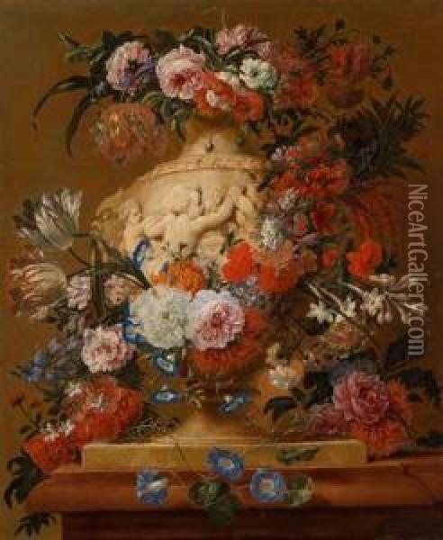 Ein Paar Blumenstilllebenin Skulptierten Steinvasen Oil Painting - Jan-baptist Bosschaert