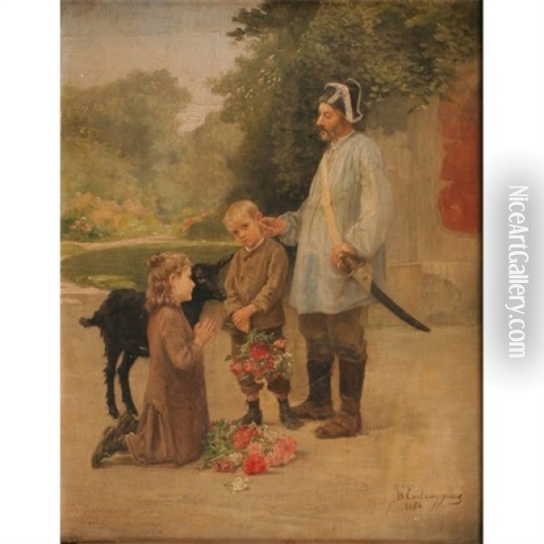 Collecting Flowers: Two Children With An Old Soldier Oil Painting - Charles Bertrand d' Entraygues