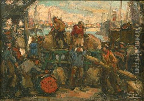 Arbeiders En Kar Op De Kade Oil Painting - Eugeen Van Mieghem