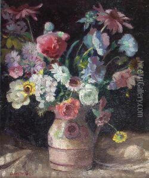A Still Life Of Assorted Flowers In A Jug Oil Painting - Colin Campbell Cooper