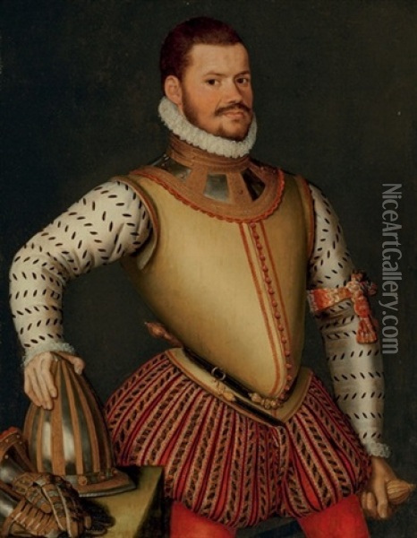 Portrait Of A Man In Armor With His Handing Resting On His Helmet Beside Oil Painting - Antonis Mor Van Dashorst