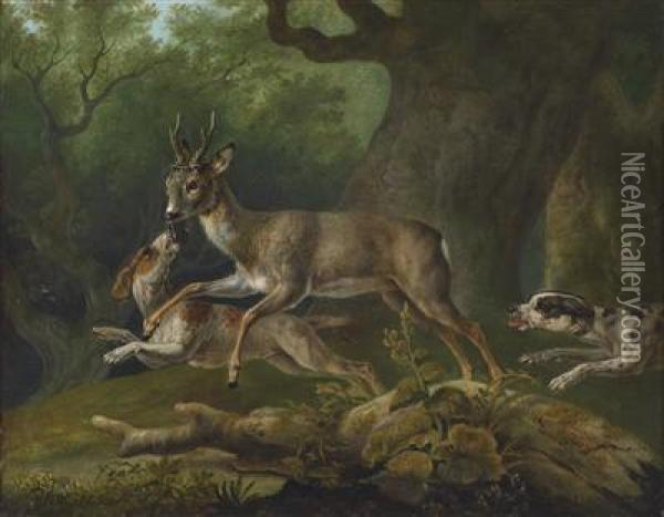 A Roe Buck Chased By Hounds Oil Painting - Ferdinand Phillip de Hamilton