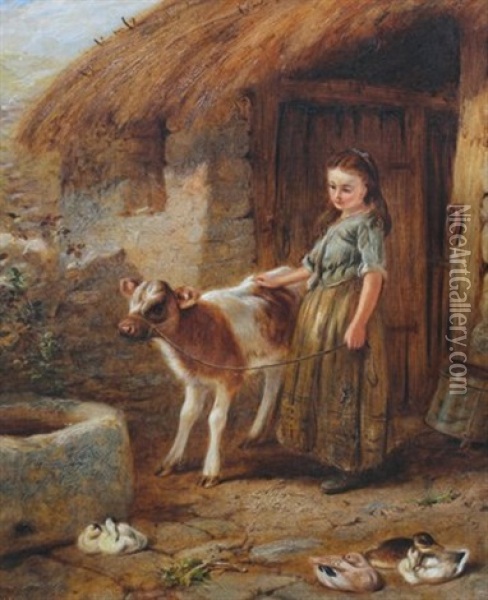 Yound Girl With Pet Calf Oil Painting - Thomas Faed