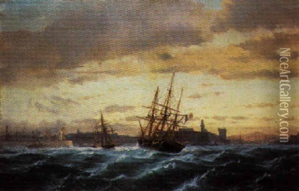 Navires Par Gros Temps A L'entree Du Port De Marseille Oil Painting - Jean Baptiste Henri Durand-Brager