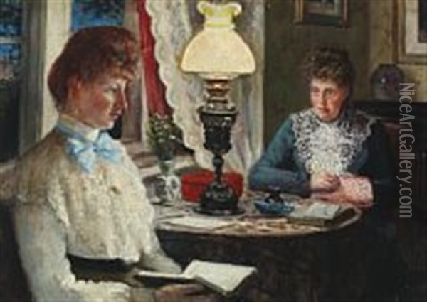 Interior With Two Women Sitting At A Table Oil Painting - Carl Carlsen