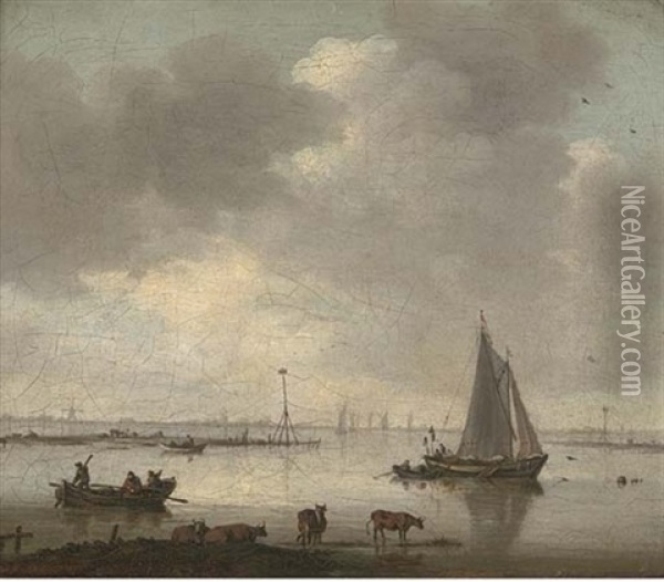 A River Landscape With Cattle And Fishermen (+ A River Landscape With Fishermen And A View Of Haarlem And The Church Of Saint Bavo Beyond; 2 Works) Oil Painting - Willem van Diest