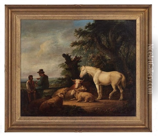 Rural Landscape With Shepherd, Sheep And White Stallion Oil Painting - James Ward