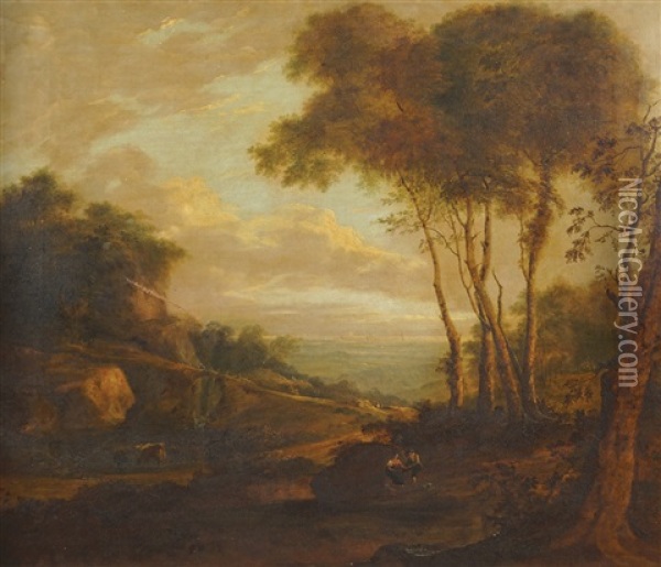 A Wooded Landscape With Figures.the Sea In The Distance. Oil Painting - Robert Carver