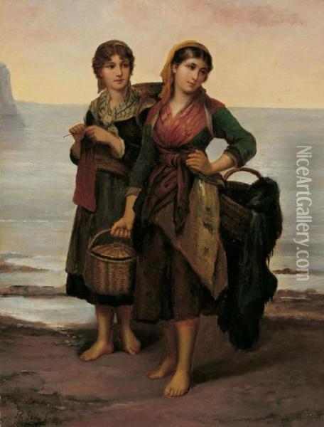 Zwei Junge Fischerinnen Am Strand Oil Painting - Philippe Lodowyck Jacob Sadee
