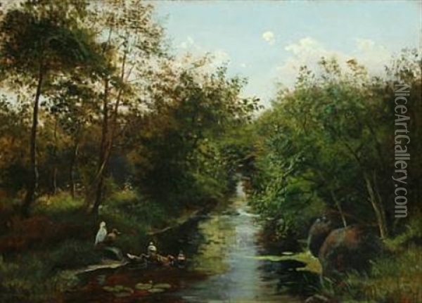 Forest With Ducks At A Lake Oil Painting - August Carl Vilhelm Thomsen
