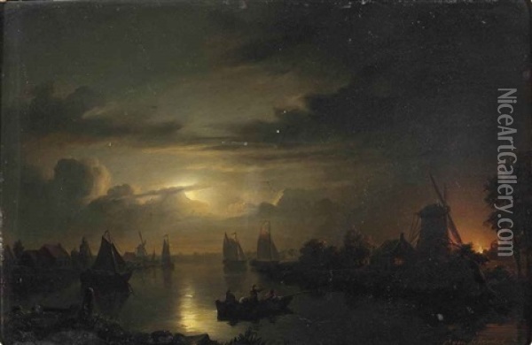 A Moonlit River With A Fire Blazing In The Background Oil Painting - Petrus van Schendel