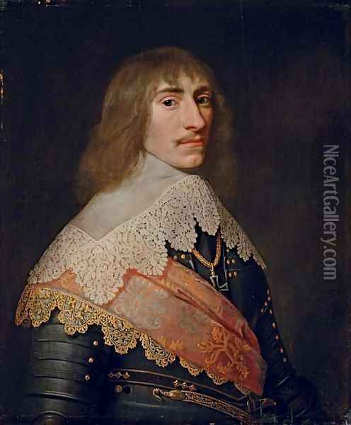 Portrait of a nobleman, half-length, in armour with an orange embroidered sash Oil Painting - Michiel Jansz. van Miereveld