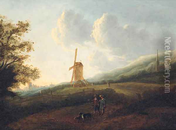 A landscape with travellers by a windmill, a town in the distance Oil Painting - Jan Sonje