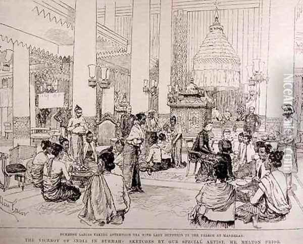 The Viceroy of India in Burmah Burmese Ladies Taking Tea with Lady Dufferin in the Palace at Mandalay, from The Illustrated London News, 4th March 1886 Oil Painting - Melton Prior