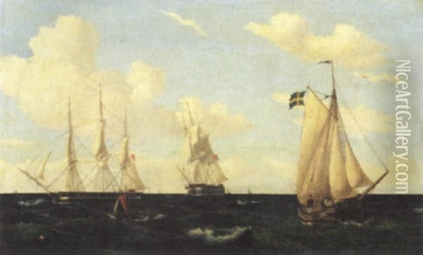 Marine Med Svensk Og To Danske Sejlskibe Oil Painting - Viggo Fauerholdt