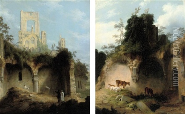 Figures Before Kirkstall Abbey (+ Cattle Grazing, Kirkstall Abbey; Pair) Oil Painting - John Rhodes