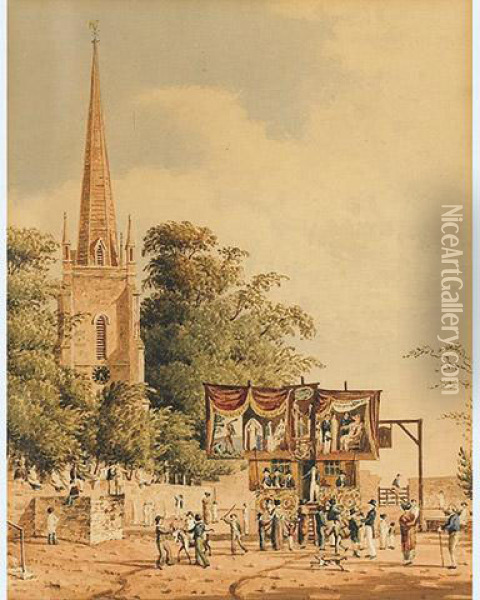 Punch And Judy Performance Outside The Church Of St. Mary The Virgin Oil Painting - Richard Hamilton Essex