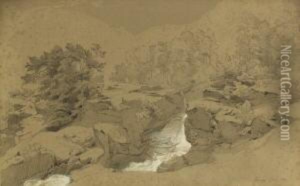 Felsenlandschaft Mit Wasserfall. Oil Painting - Johann Gottfried Steffan