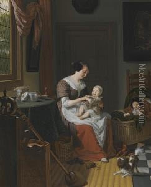 An Interior Scene With Eva Visscher, The Artist'swife, With A Child In Her Lap And Another Child In Acot, Beside Them A Dog Oil Painting - Michiel van Musscher