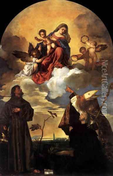 Madonna in Glory with the Christ Child and Sts Francis and Alvise with the Donor 2 Oil Painting - Tiziano Vecellio (Titian)