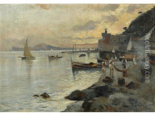 Fishermen On The Shore At Sunset Oil Painting - Edwin Austin Abbey
