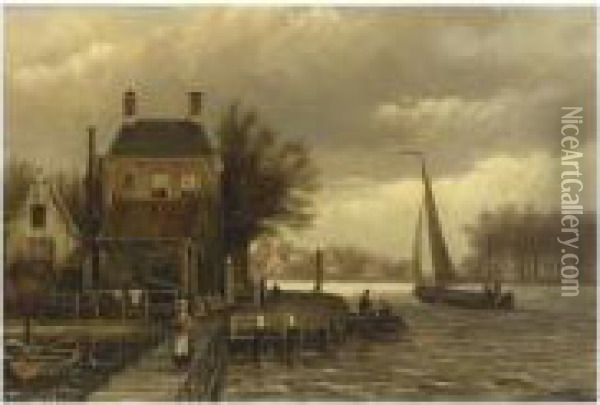 Figures By A Town On The Waterfront Oil Painting - Willem Koekkoek