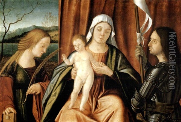 The Madonna And Child With Saints Catherine Of Alexandria And George Or Liberale (attributed To Vittore And Benedetto Carpaccio) Oil Painting - Vittore Carpaccio