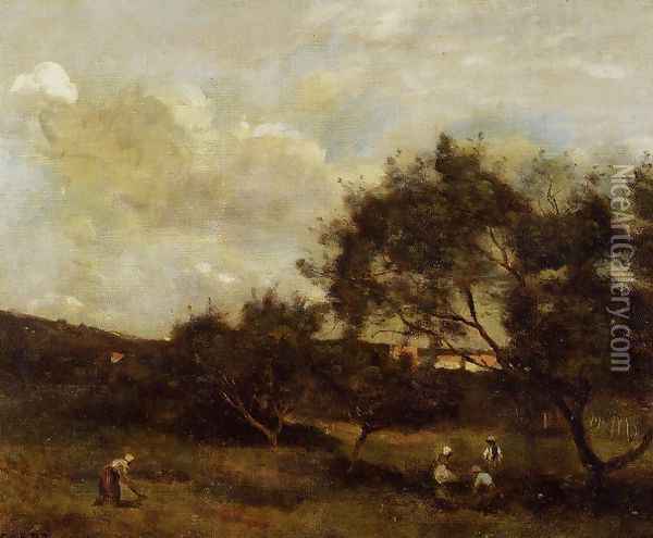 Peasants near a Village Oil Painting - Jean-Baptiste-Camille Corot