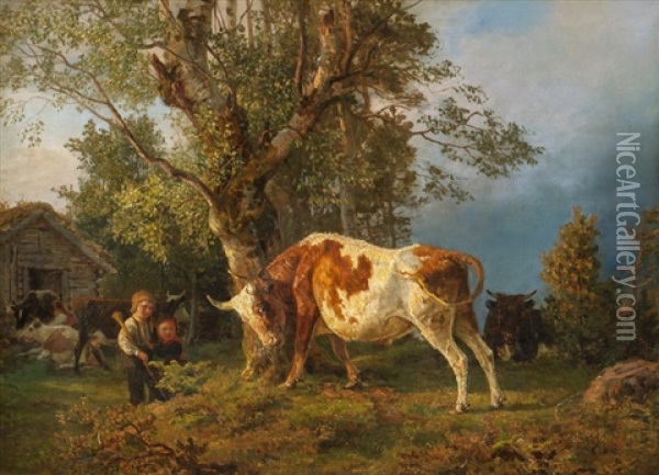 Children, Ox And Cows Oil Painting - Anders Monsen Askevold