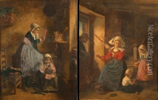 Scene D'interieur A La Fileuse (+ Scene D'interieur A La Lecture, Smllr; 2 Works) Oil Painting - Charles Fortin