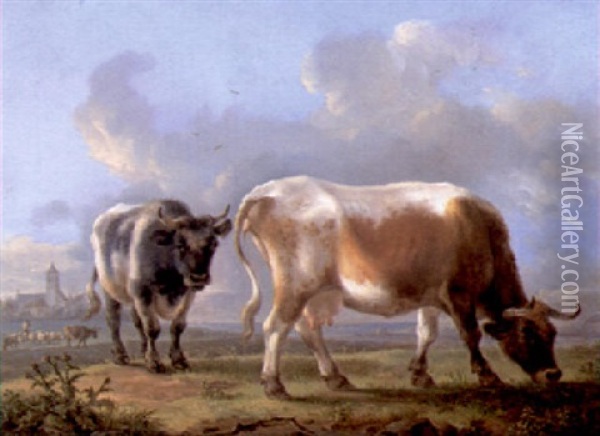 Cattle In A Landscape Before A Village Oil Painting - Jean-Baptiste De Roy