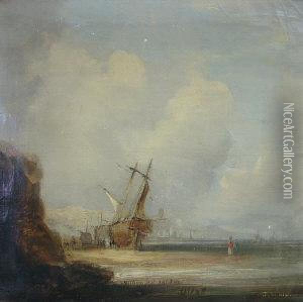 Beached Vessel On Ashore With Cliffs Beyond Oil Painting - George Clarkson Stanfield